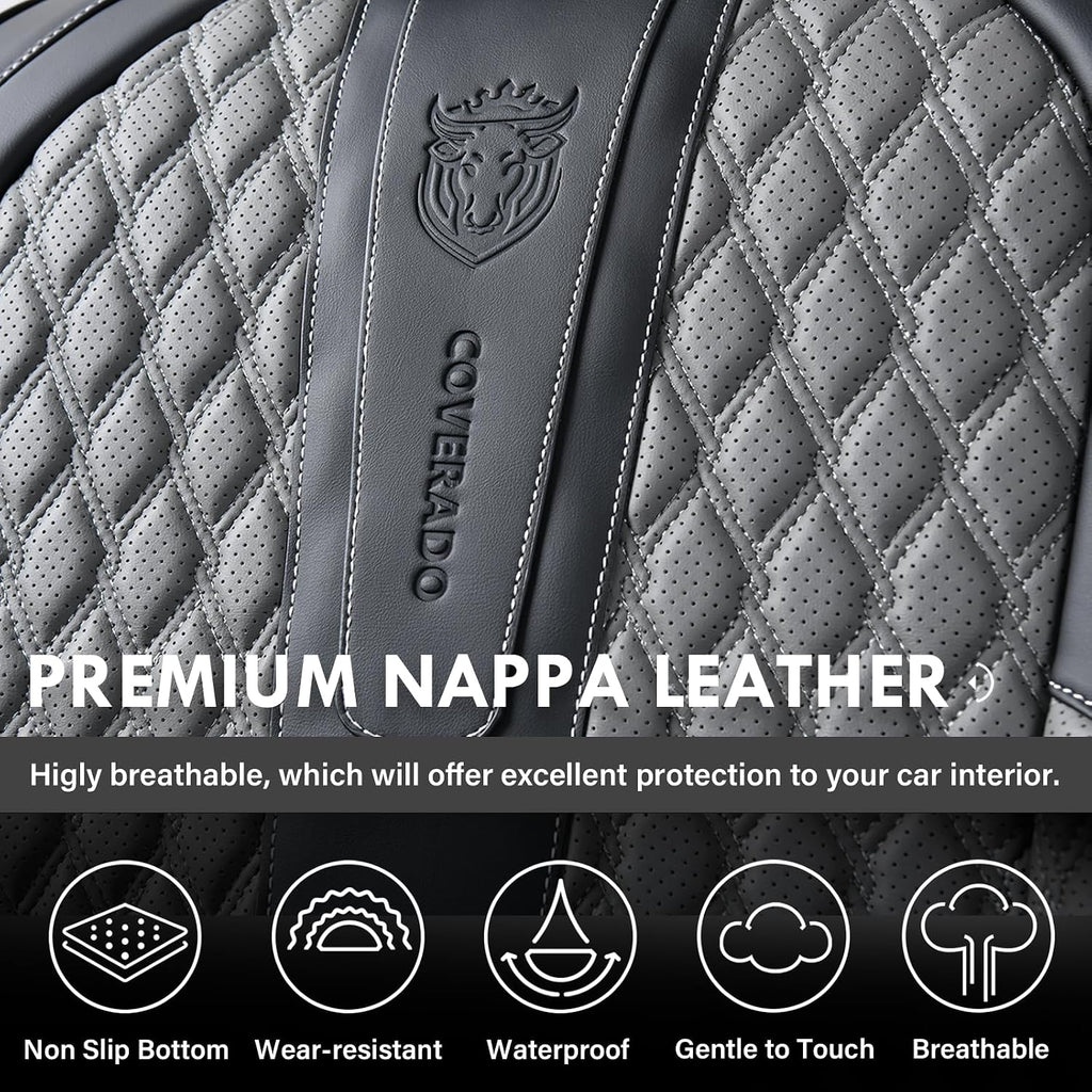 Coverado Car Seat Covers Full Set, Nappa Leather Seat Covers for Car, Waterproof Car Seat Protector with Lumbar Support, Automotive Seat Covers Universal Fit for Most Cars SUV Trucks (Black&Gray)