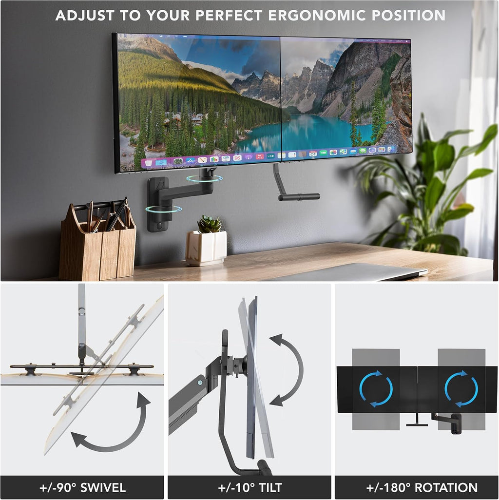 Mount-It! Proflex Dual Monitor Wall Mount, Gas Spring Arm with Crossbar, Fits 17–32″ Screens up to 19.8 lb Each, Height Adjustable Full Motion Tilt Swivel Rotate, VESA 75, 100 mm, Premium Setup
