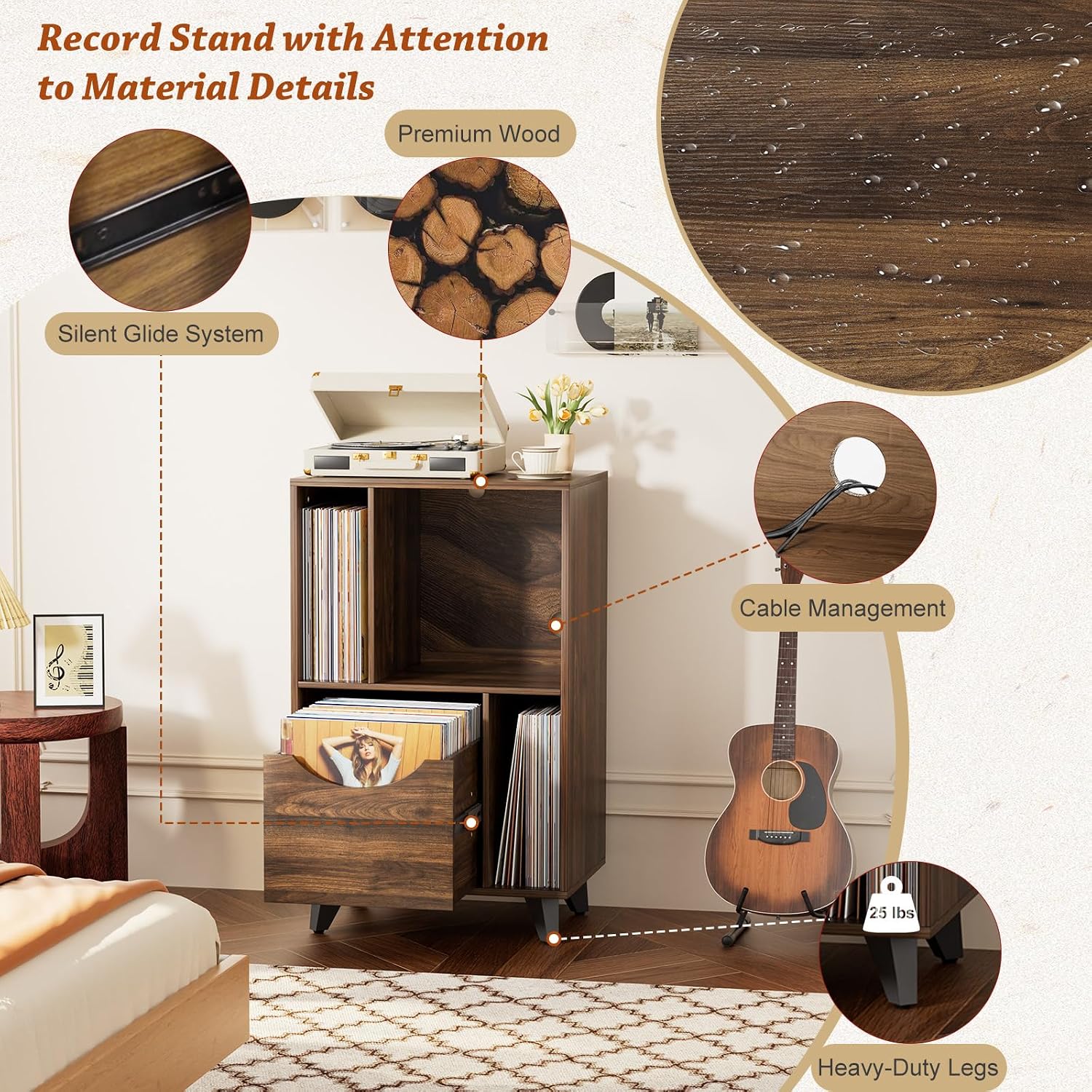 Bikoney Mid-century Modern Record Player Stand with Vinyl Storage Drawer – Wooden Turntable Side Table for All Record Players and Speakers, Large LP Storage Cabinet for Living Room, Bedroom, or Office