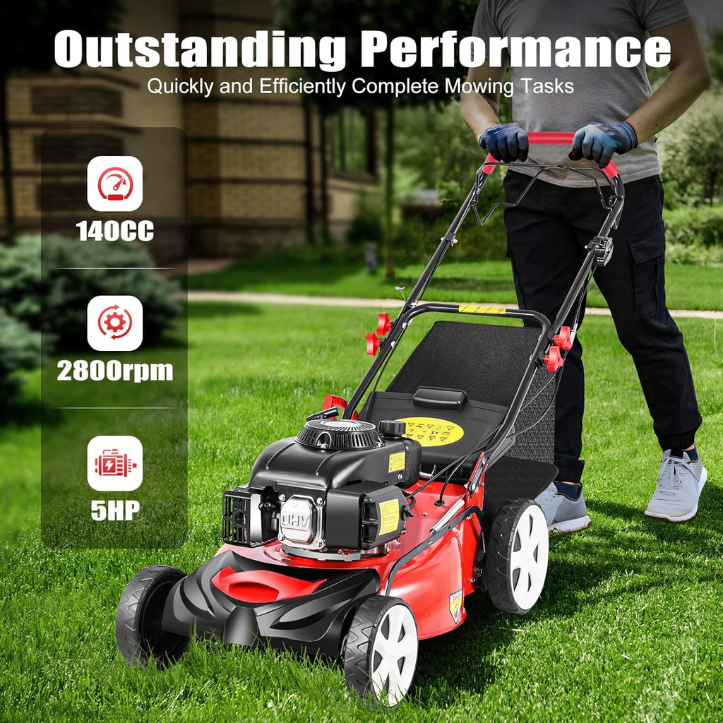 140CC 5HP Self Propelled Gas Lawn Mower, 20 Inch 4-Stroke High Wheel FWD Gas Walk Behind Self Propelled Lawn Mower Single Cylinder Motor OHV Gasoline Engine with 60L/15.85gallon Capacity Bag
