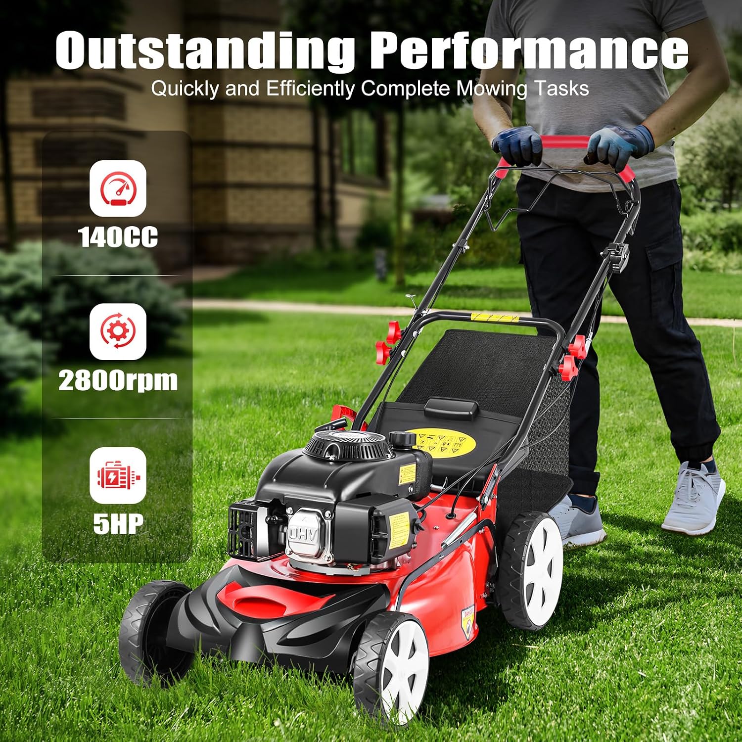 20Inch Self Propelled Gas Lawn Mower 3-in-1 Gas Push Lawn Mower with Grass Bag, 140CC 4-Stroke Engine, 8 Position Cutting Height Adjustable, Rear Wheel Drive for Garden & Yard