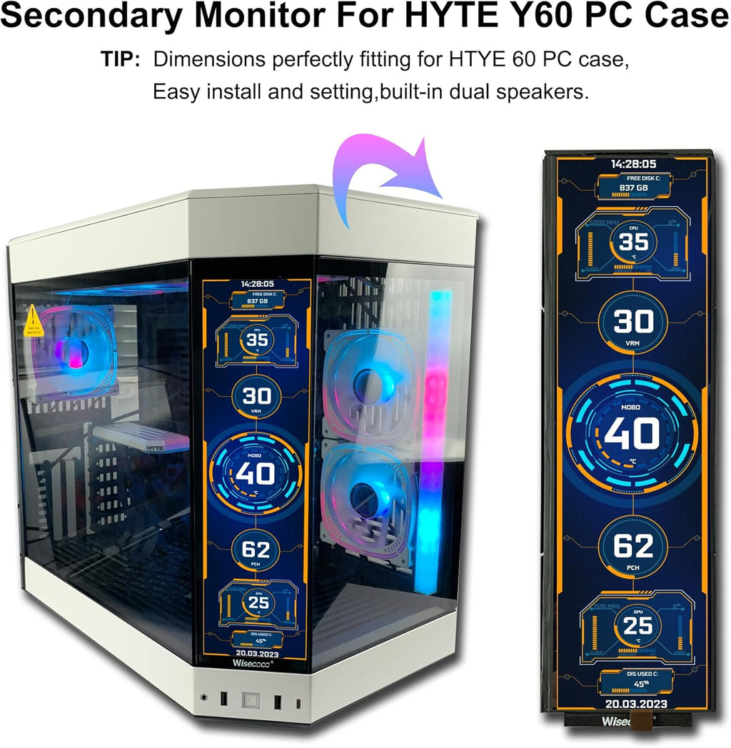 wisecoco 12.6 Inch Bar LCD Screen HDMI Display Monitor 1920x515 IPS DIY Kits Dual Built-in Speakers for Hyte Y60 Computer Gaming PC Case CPU GPU Secondary Monitor Easy Install Black