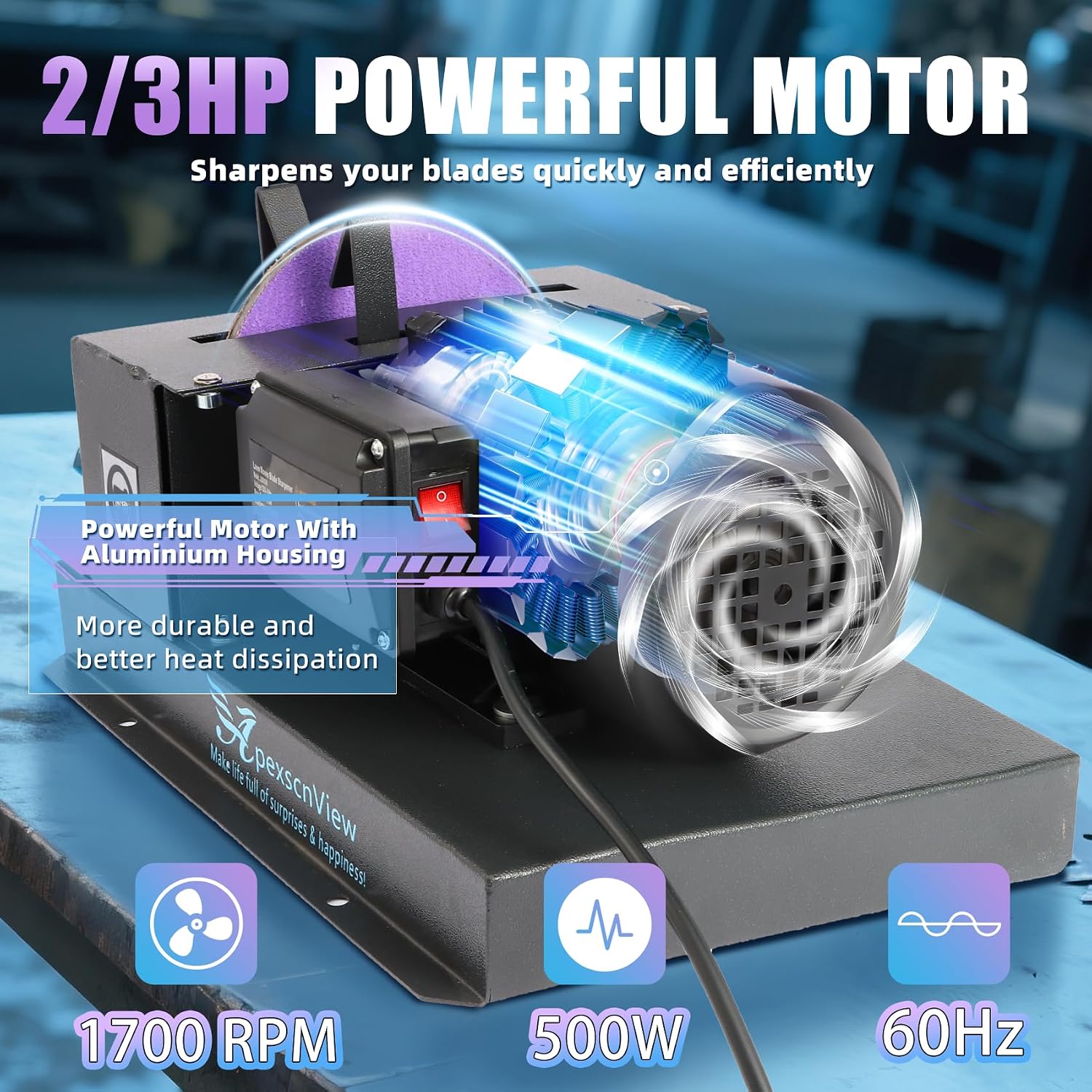 Lawn Mower Blade Sharpener, 2/3HP 500W Lawn Mower Blade Grinder with 7 in Ceramic Wheel, Flat Blades, Sharpens High/Low Lift, Adjustable Angle Bracket and Blade Balancer, Etc.