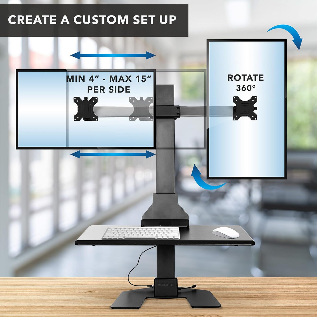 Mount-It! Double Monitor Electric Standing Desk Converter - 2 Screens Stand Up Desk Riser - Height Adjustable Desktop & 2 Mounts for Screens up to 32', Sit-Stand Convertor for Home, Office, School
