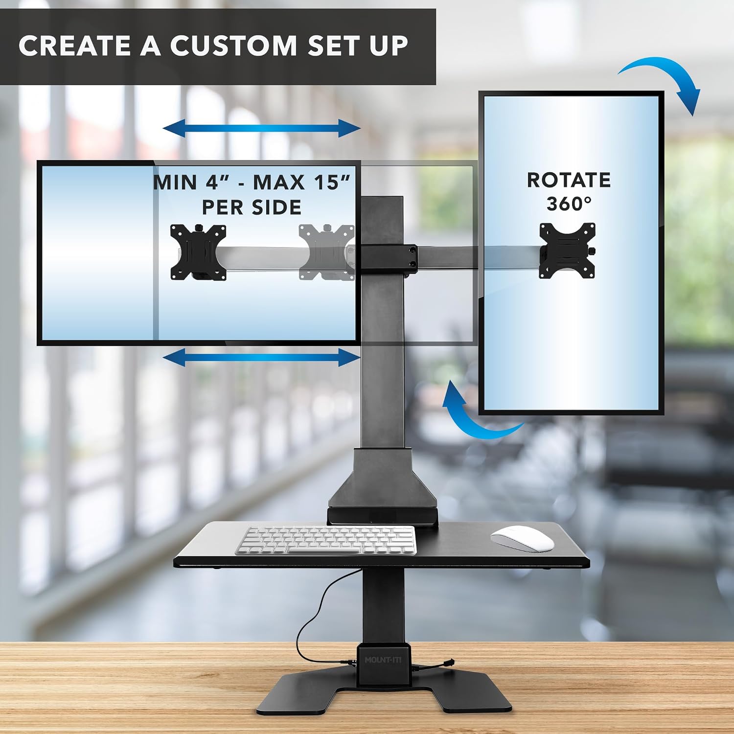 Mount-It! Double Monitor Electric Standing Desk Converter - 2 Screens Stand Up Desk Riser - Height Adjustable Desktop & 2 Mounts for Screens up to 32', Sit-Stand Convertor for Home, Office, School