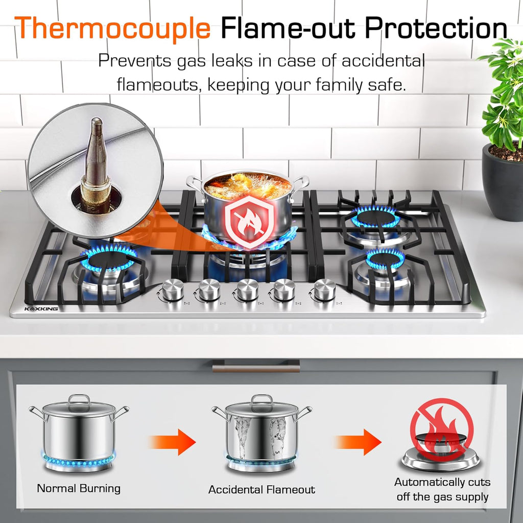 30 Inch Gas Cooktop, 5 Burner Dual Fuel Built-in Stove Top, Stainless Steel Propane/Natural Gas Cooktop with Thermocouple Protection, NG/LPG Convertible for Safe & Efficient Cooking
