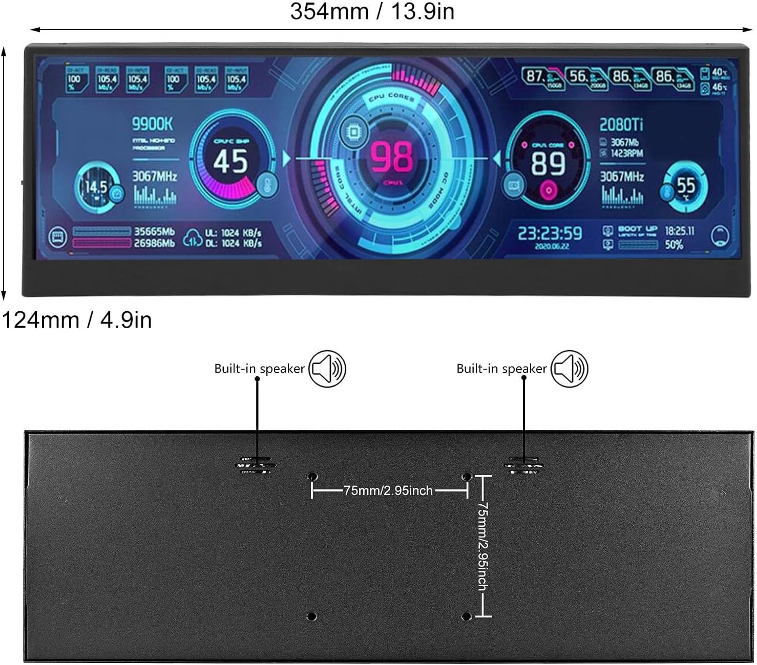 Yunseity Computer Temp Monitor, PC Temperature Display, PC Sensor Panel for aida64 Monitor, Mini Secondary Screen CPU GPU Data Temperature Monitor for