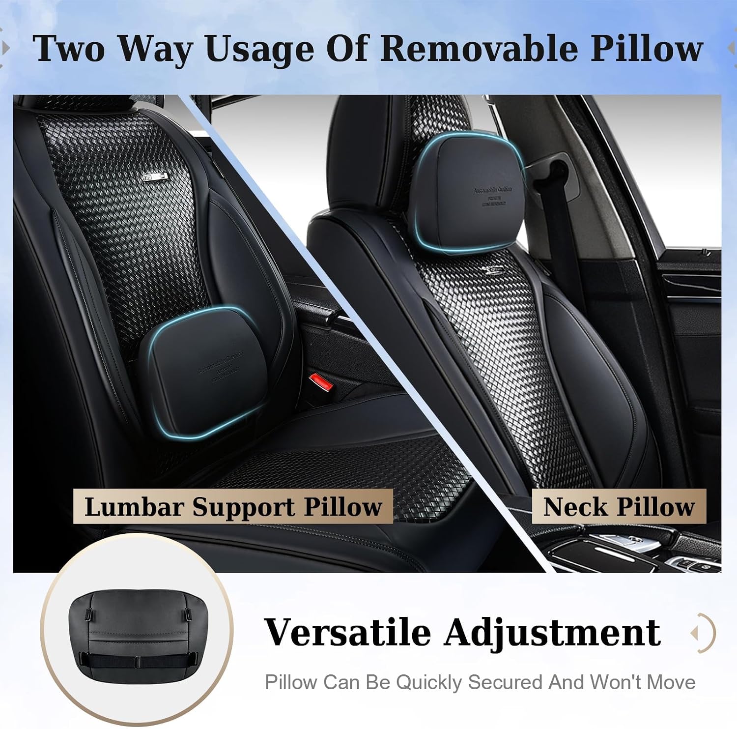 Coverado Car Seat Covers Full Set, Black Seat Covers for Cars, Waterproof Nappa Leather Automotive Seat Covers with Lumbar Head Pillow, Car Seat Protectors, Universal Fit for Most Cars SUV