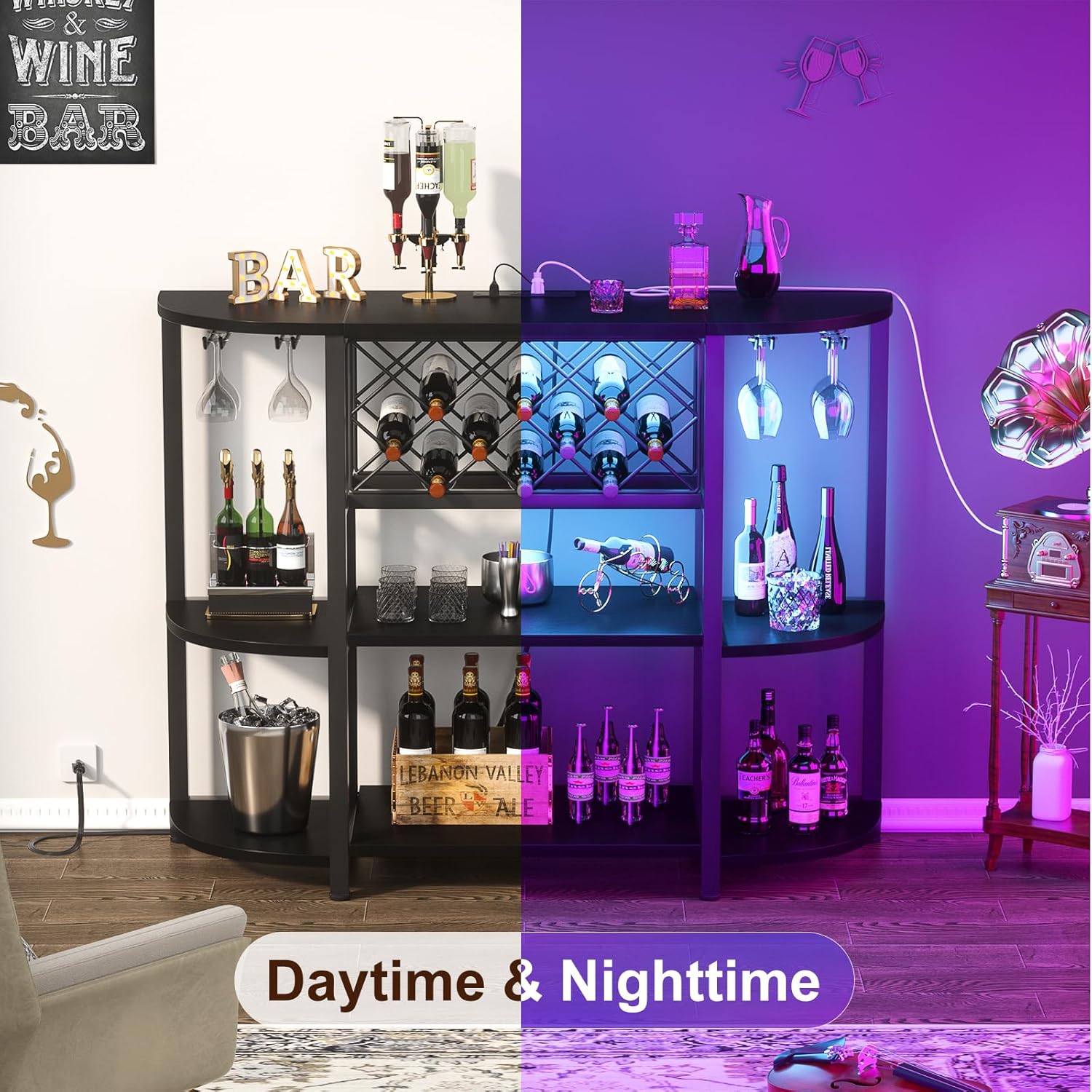 Unikito 4-Tier Metal Coffee Bar Cabinet with Outlet and LED Light, Freestanding Floor Bar Table for Liquor with Glass Holder and Wine Storage, Wine Table Bakers' Rack for Kitchen Dining Room, Black