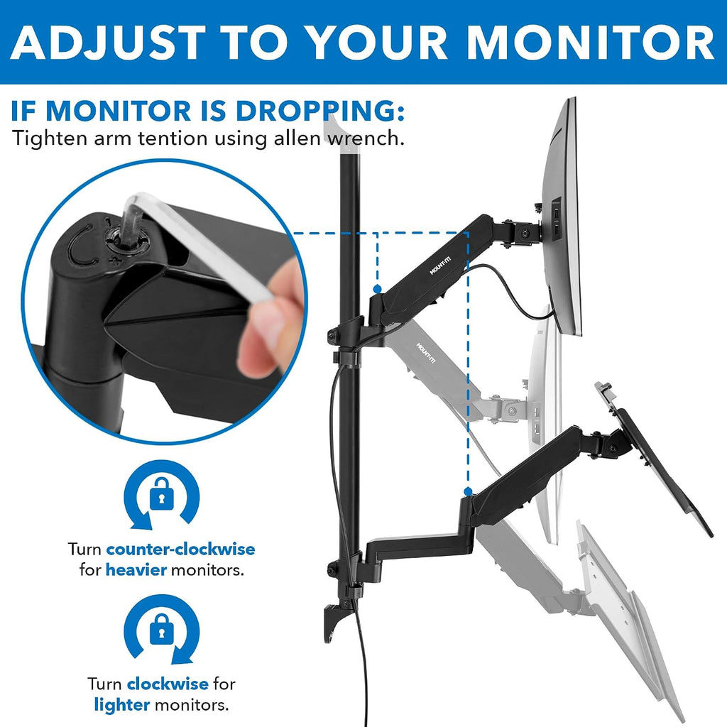 Mount-It! Single Monitor Arm Wall Mount Workstation with Keyboard Tray & CPU Holder, Height Adjustable Gas Spring Full Motion Computer Station, Fits 17–32' VESA 75x75 100x100, Black