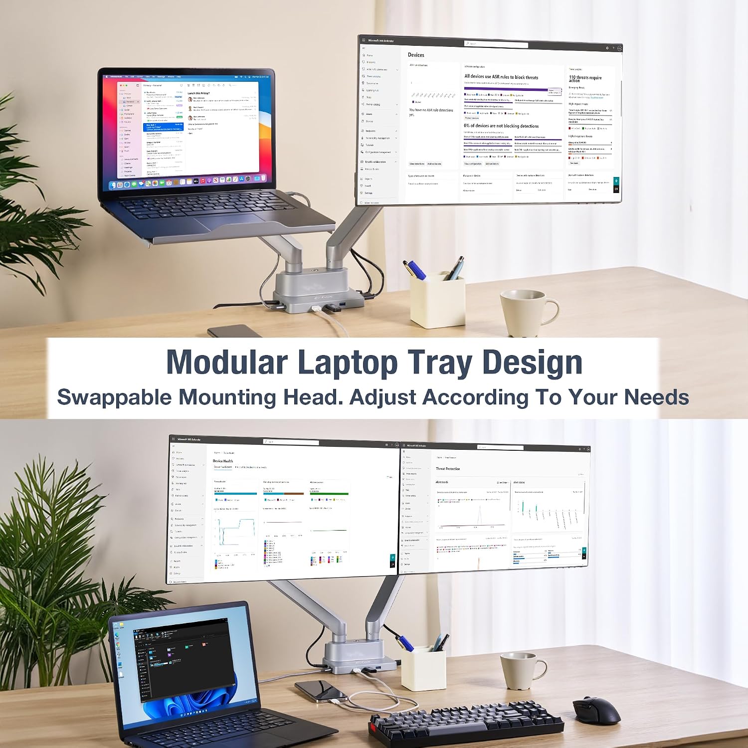 AVLT Dual 17'-38' Monitor Arm Desk Mount with 17' Laptop Tray and USB-C Docking Station, HDMI 4K60Hz, USB-A 5Gbps, Ethernet, 100W PD, Fits Two Flat/Curved - Gray