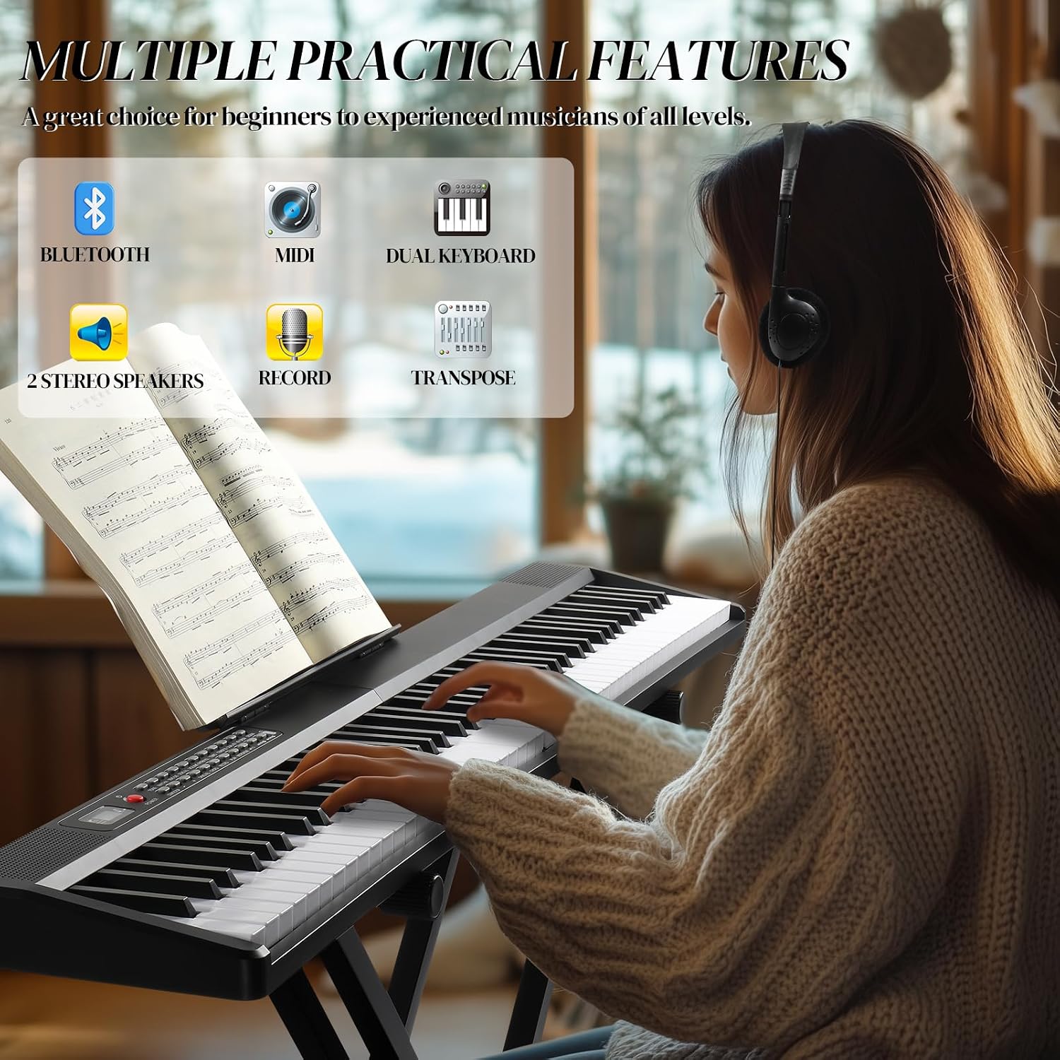 Ktaxon 88 Key Keyboard Piano Foldable Piano Keyboard with 1000 Rhythms, 1000 Tones and 50 Demos, Bluetooth Audio & MIDI, 3 Teaching & 2 Power Supply Modes, Full Equipment for Beginner (Full-Black)