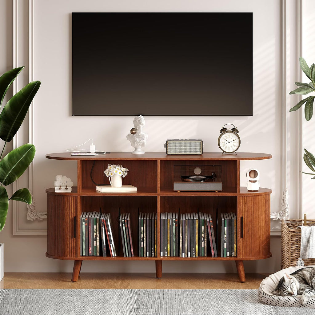 Garvee 55'' Fluted Mid Century Modern Turntable Cabinet with Vinyl Storage, Large Round Record Player Stand with Charging Station and Display Shelf, Arched Wood Record Player Table for Living Room
