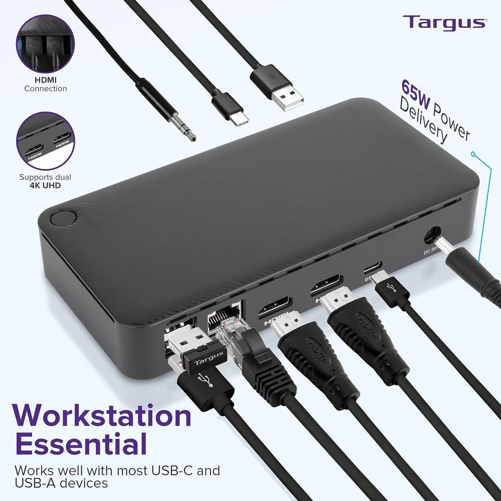 Targus USB C Docking Station Universal DV4K, USB C Laptop Docking Station Dual Monitor 2 HDMI, 65W Power Delivery, DisplayLink Works w/Operating Systems Like Windows, Mac, Android, iOS (DOCK310USZ)