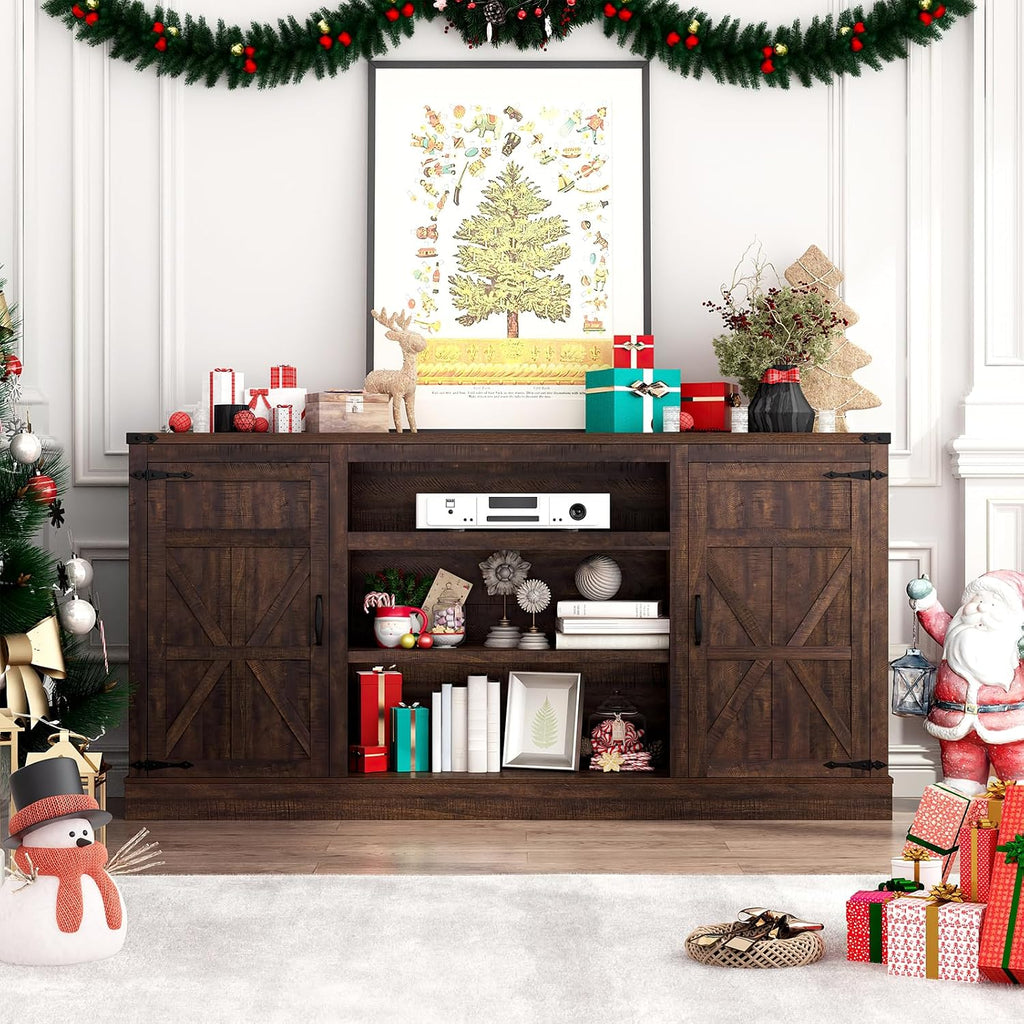 Hlivelood 66' Farmhouse TV Stand with Power Outlets for 75 Inch TVs, 33' Tall Entertainment Center with Storage Cabinets w/Adjustable Shelves, Rustic Large TV Media Console for Living Room, Brown