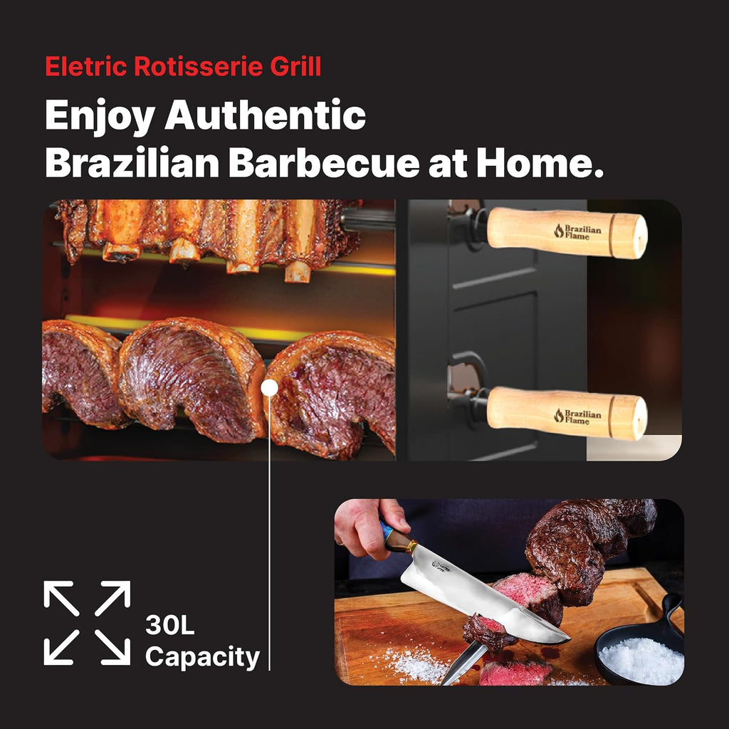 Electric Rotisserie Oven Brazilian Flame VOLTA | Vertical Countertop Grill with Auto-Rotating Skewers Shawarma Grill Machine Meat Kebab | Indoor Adjustable Temperature | 8lb Capacity | World Cup Grill