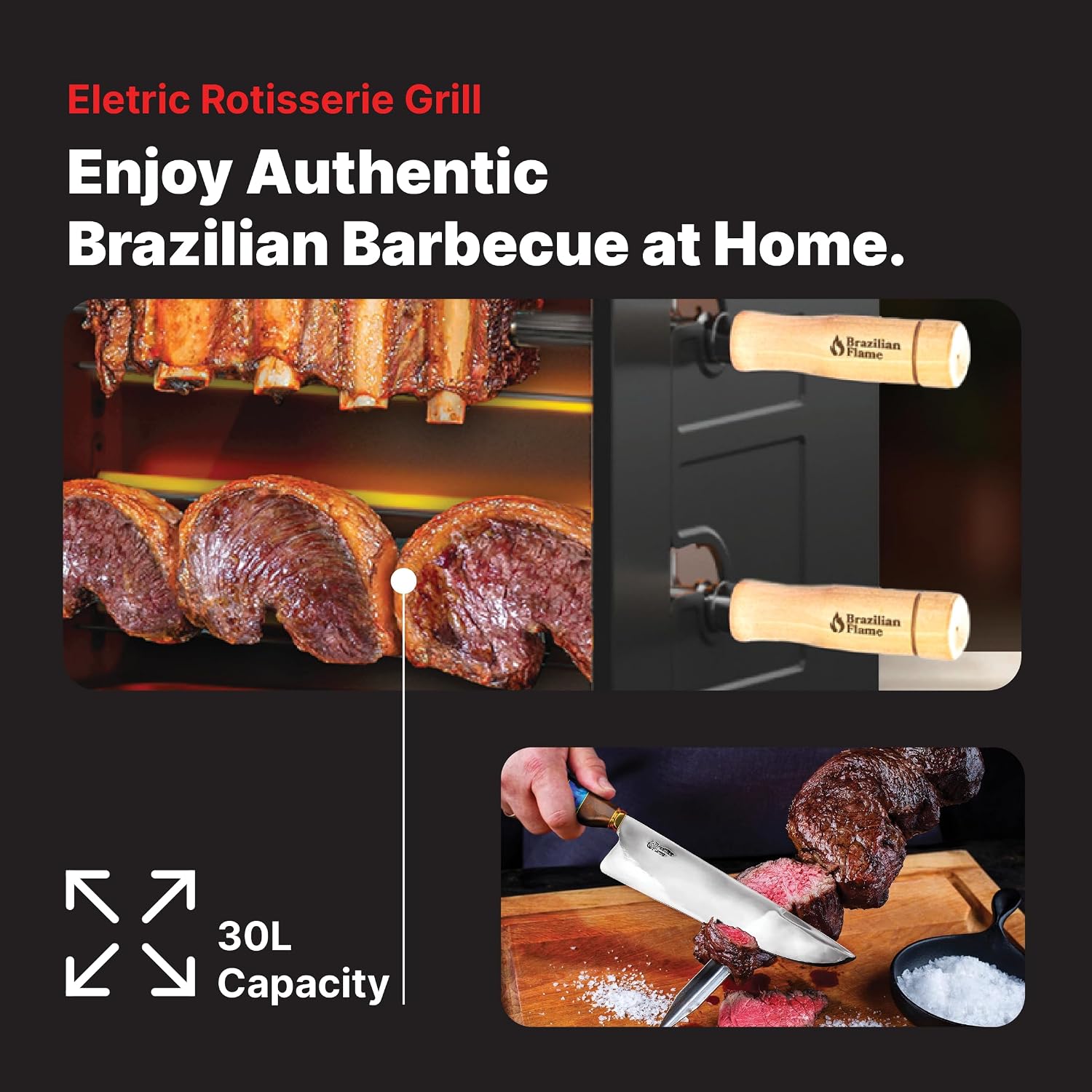 Electric Rotisserie Oven Brazilian Flame VOLTA | Vertical Countertop Grill with Auto-Rotating Skewers Shawarma Grill Machine Meat Kebab | Indoor Adjustable Temperature | 8lb Capacity | World Cup Grill