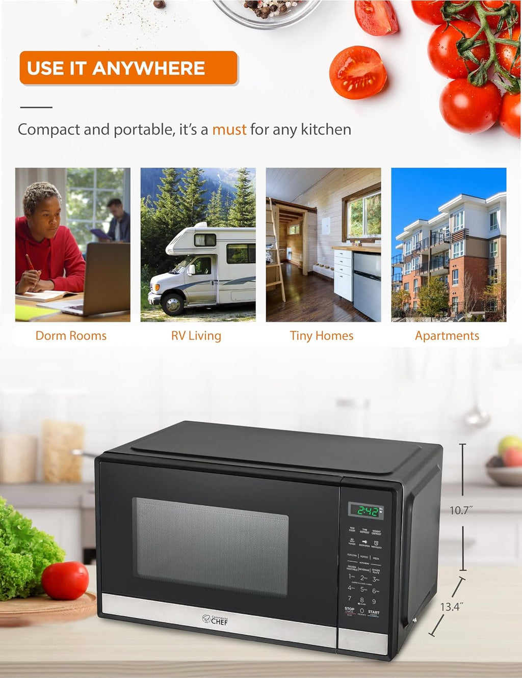 Commercial CHEF Small Microwave 0.9 Cu. Ft. Countertop Microwave with Touch Controls & Digital Display, Stainless Steel Microwave & 10 Power Levels, Outstanding Portable Microwave with Pull Handle