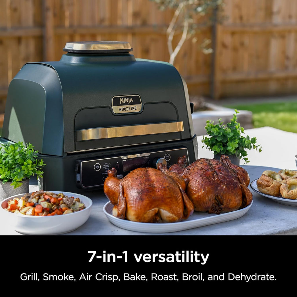 Ninja Woodfire Pro Connect XL Outdoor Grill & Smoker | Bluetooth, App Enabled | 7-in-1 Grill, BBQ Smoker, Outdoor Air Fryer | Woodfire Technology | Built-In Thermometer | Green & Gold | OG951GN2