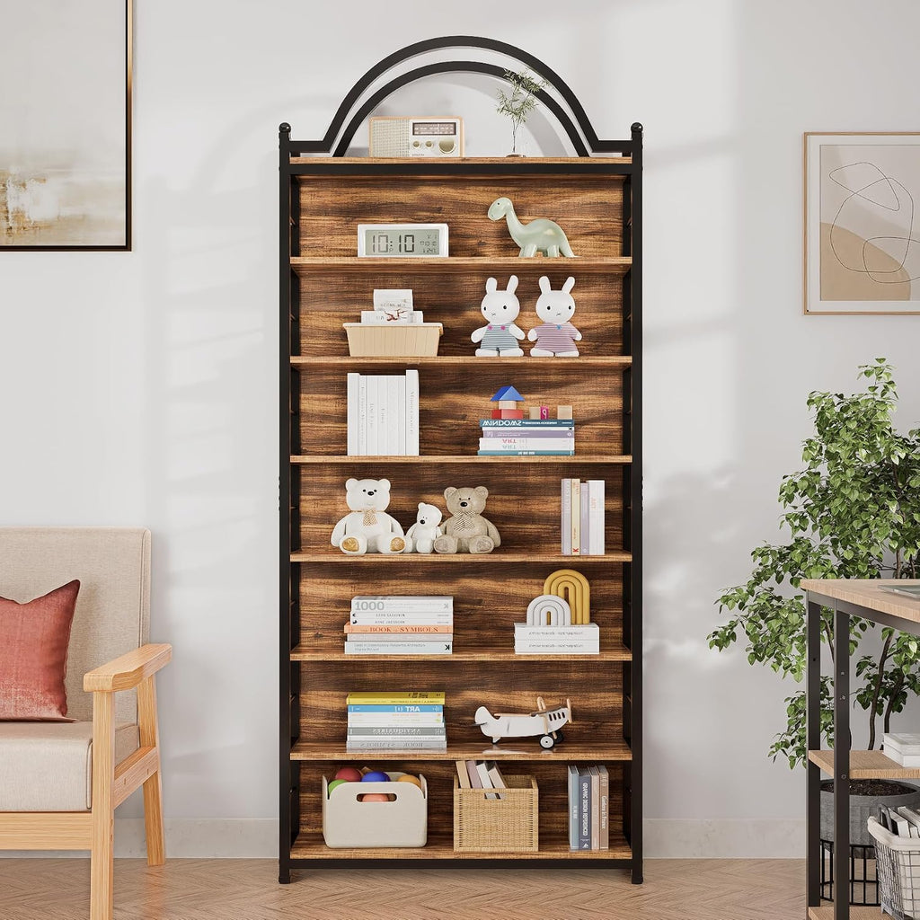 8-Tier CD Storage Racks,CDs DVDs Game Video Media Organizer Cabinet with 7 Shelves,78.7' Arched-Top Industrial Tall Bookshelf Display Bookcase Brown Black