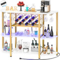 Unikito 4-Tier Metal Coffee Bar Cabinet with Outlet and LED Light, Freestanding Floor Bar Table for Liquor with Glass Holder and Wine Storage, Wine Bakers Rack for Kitchen Dining Room, White and Gold