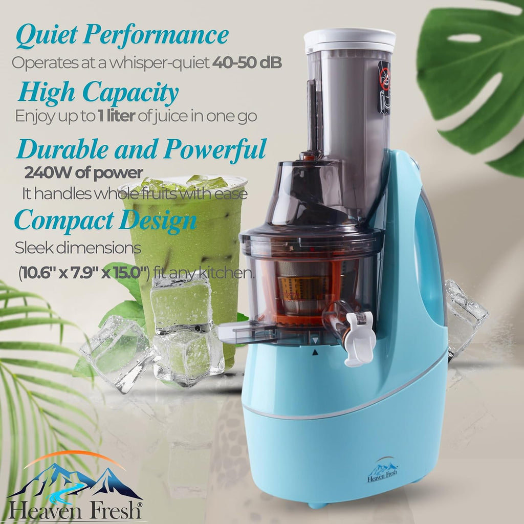 Heaven Fresh Cold Press Slow Masticating Juicer, Ultra-Quiet 240W Motor, Maximized Juice Yield, Included Frozen Dessert Strainer, Drip-Free Cap - Teal