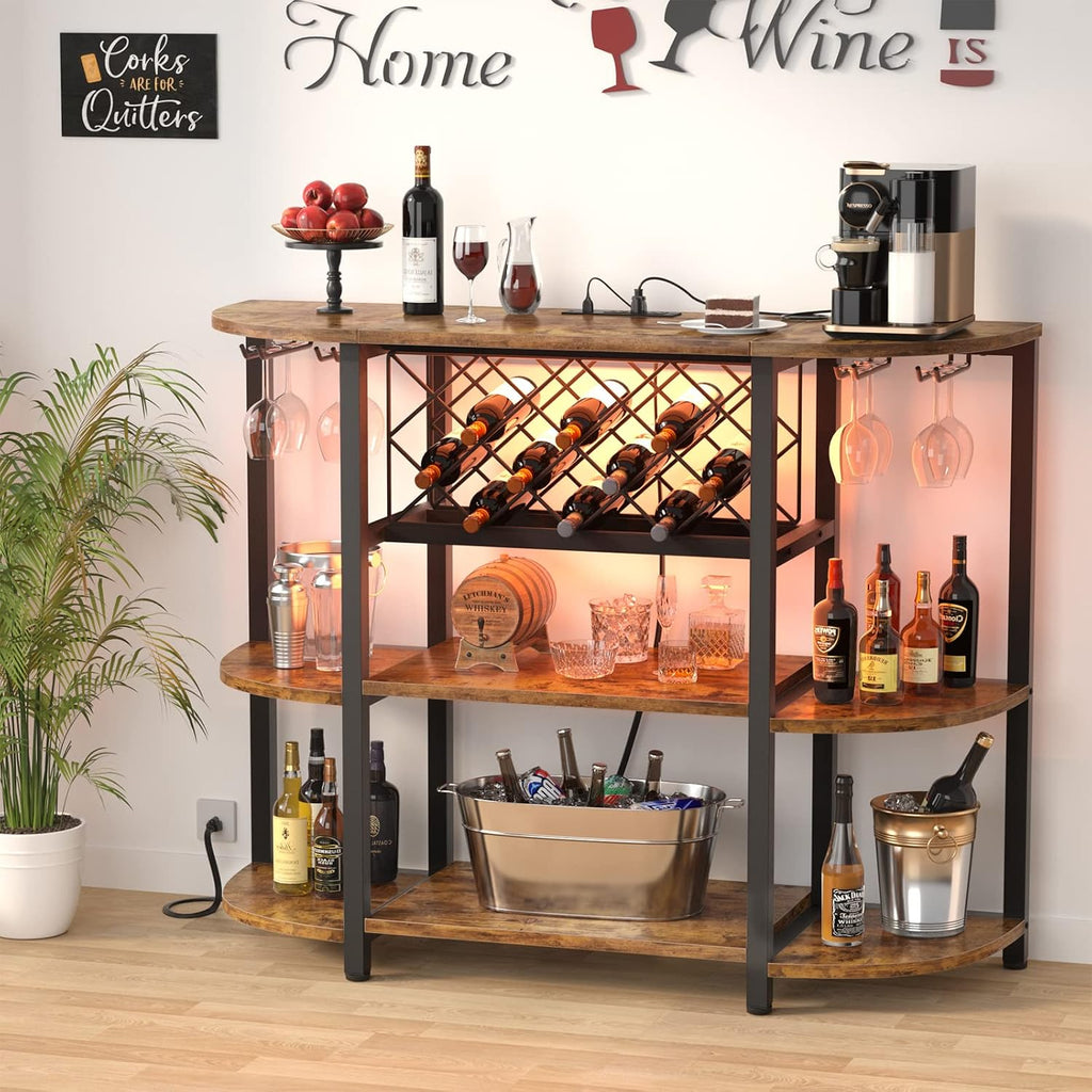 Unikito Wine Rack Table with Socket and LED Light, Floor Bar Cabinet for Liquor and Glasses, Wood Coffee Bar Table with Adjustable Wine Rack, FreeStanding Sideboard and Buffet Cabinet, Rustic