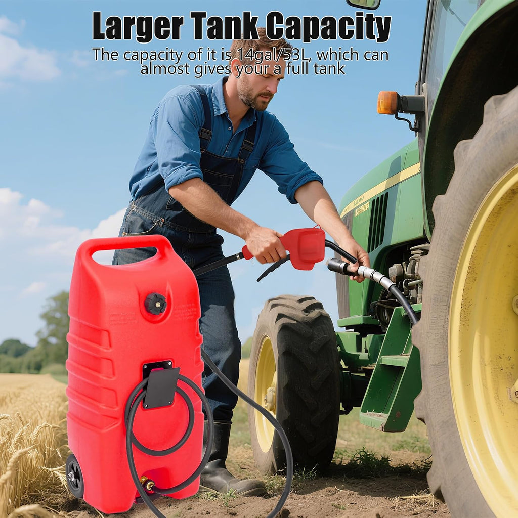 GAOMON Fuel Caddy, 14 Gallon Portable Gas Fuel Tank Container with LE Fluid Transfer Siphon Pump and 10ft. Delivery Hose, Diesel Storage Can On-Wheels for Cars, Lawn Mowers, ATVs, Boats - Red