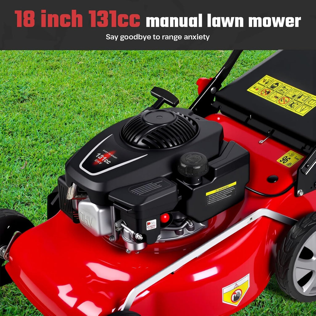 18-Inch 3-in-1 Self Propelled Gas Lawn Mower - 131cc Engine with 50L Grass Bag & Big Wheels for Yard Lawn Care and Landscaping Red
