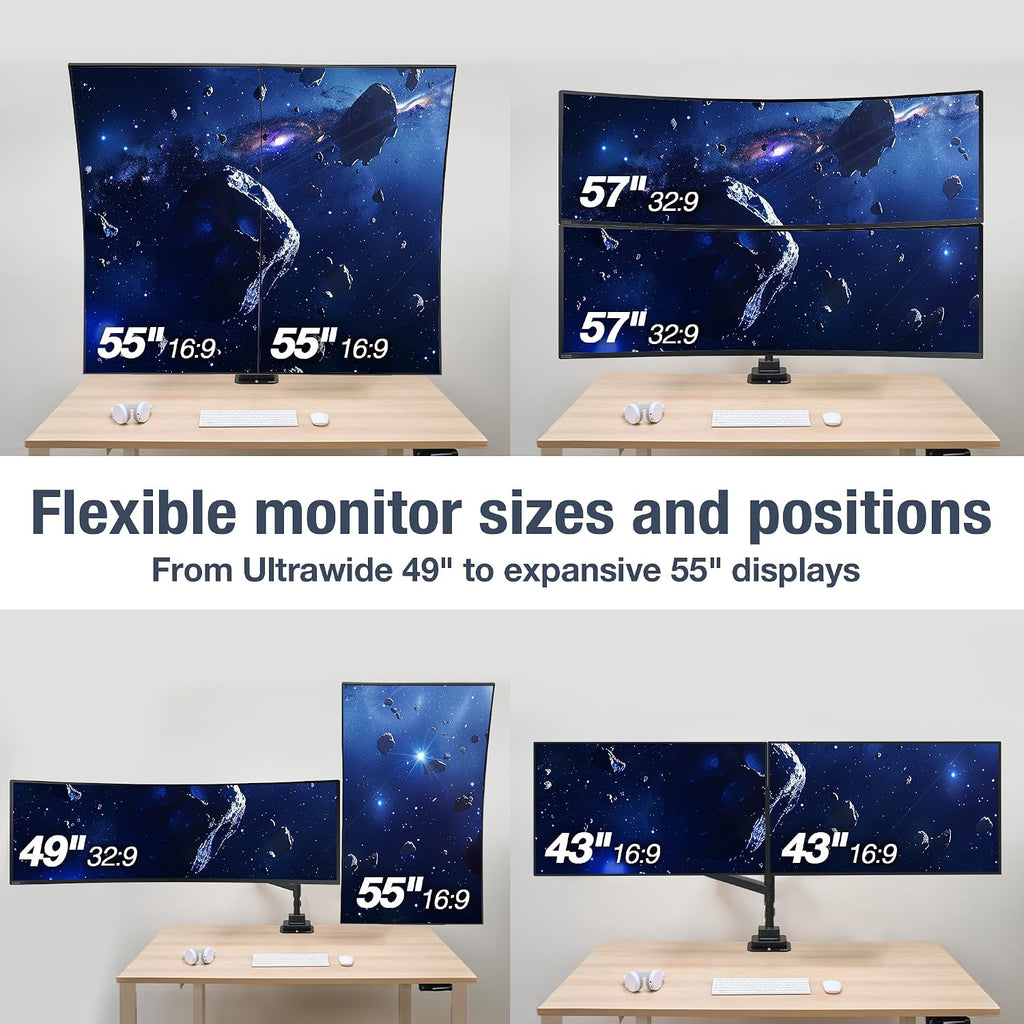 AVLT Dual 57 Inch Heavy Duty Stacking Monitor Arm Pole Top Mount with USB-C&A Ports-Black, Height Adjustable, Easy Install Top C-Clamp/Grommet w/Reinforcement Plates, VESA Compatible 200/100/75