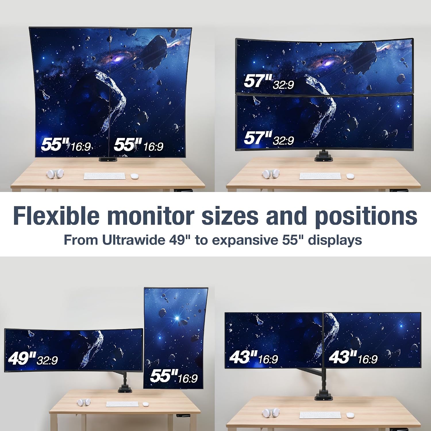AVLT Dual 57 Inch Heavy Duty Stacking Monitor Arm Pole Top Mount with USB-C&A Ports-Black, Height Adjustable, Easy Install Top C-Clamp/Grommet w/Reinforcement Plates, VESA Compatible 200/100/75