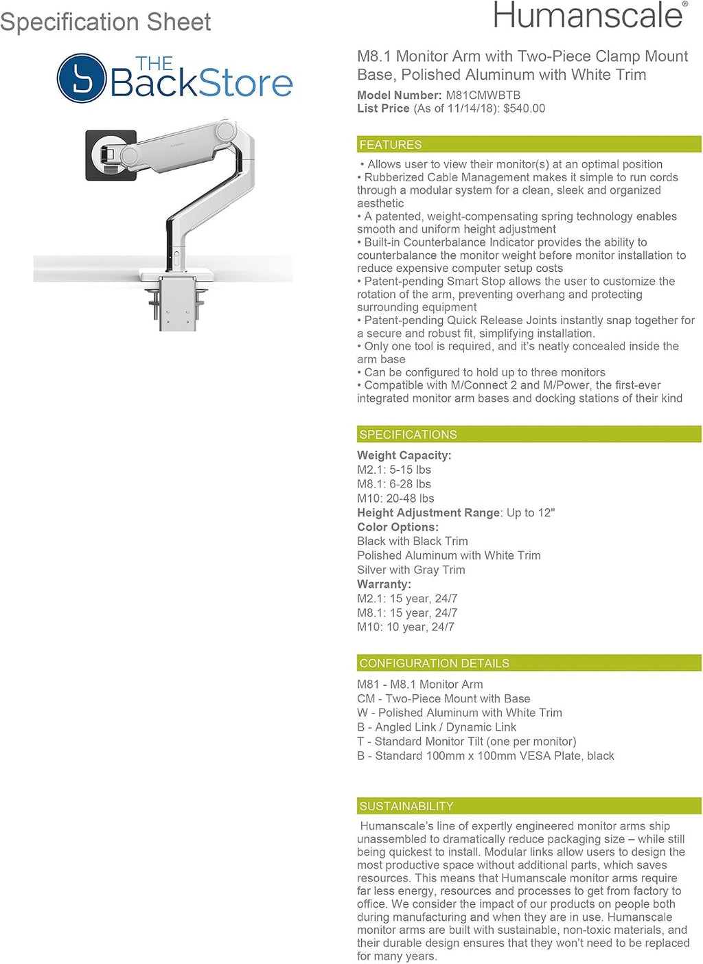 Humanscale M8.1 Adjustable Monitor Arm with Two Piece Clamp Mount and Base - Polished Aluminum M81CMWBTB