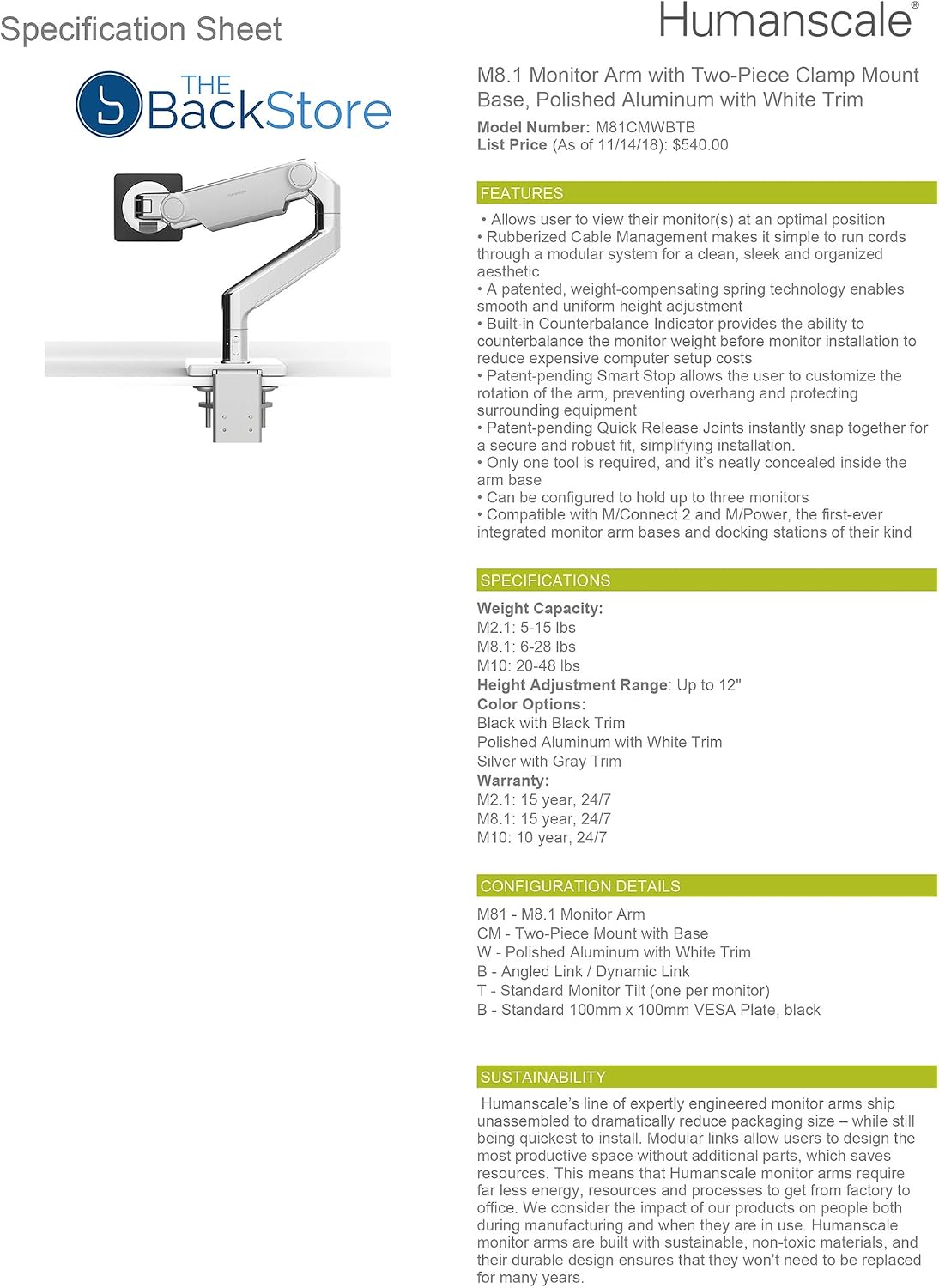 Humanscale M8.1 Adjustable Monitor Arm with Two Piece Clamp Mount and Base - Polished Aluminum M81CMWBTB
