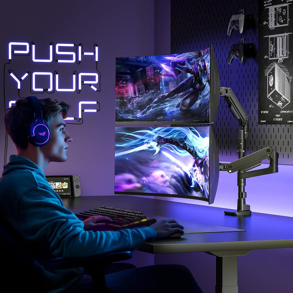 ARES WING Dual Monitor Arm Desk Mount for 17-49 Inch Ultrawide Monitors, Heavy Duty Dual Monitor Mount Holds 44 lbs, Full Motion Gas Spring Vertical Stacked Monitor Mount, 75/100 VESA Mount, Black