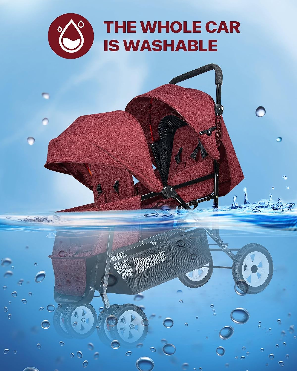 Double Stroller for Infant Toddler, Foldable Double Baby Stroller with Tandem Seating and Adjustable Backrest - Extra Gift Toys/Mosquito Net/Sleeping Mats/ 2 Cotton Pads/ 2 Hooks(Red)