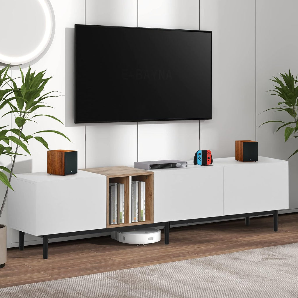 LUMISOL Modern TV Console Table for 80' TV, TV Stand with 3 Cabinets and Open Shelves, Wood Entertainment Center TV Media Table with Ample Storage for Living Room, Bedroom, White