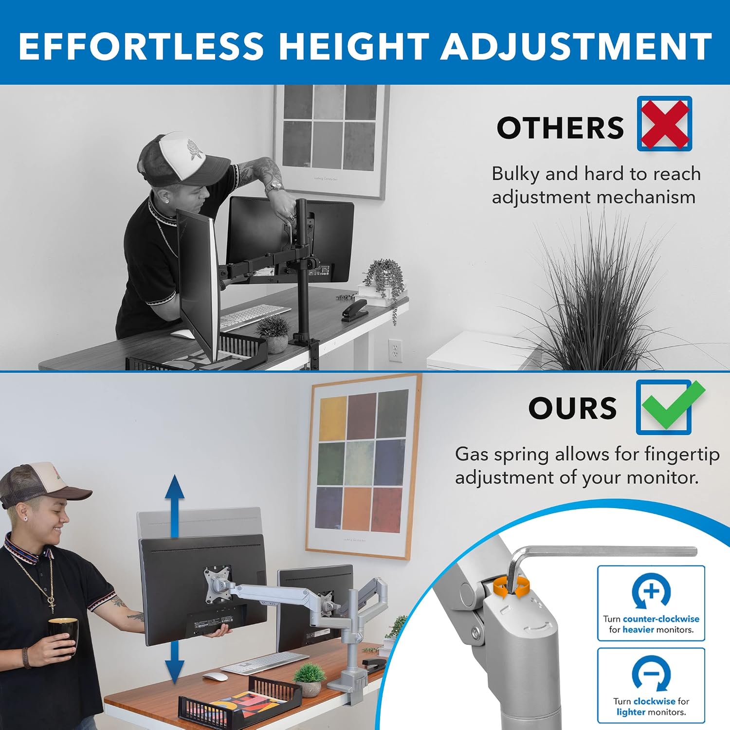 Mount-It! Dual Monitor Mount - Monitor Stands for 2 Monitors, Computer Arms on Desk Stand, Gas Spring Height Adjustable Desk Mount in Silver, VESA 75, 100 Fits Screens Up to 32', Silver Color