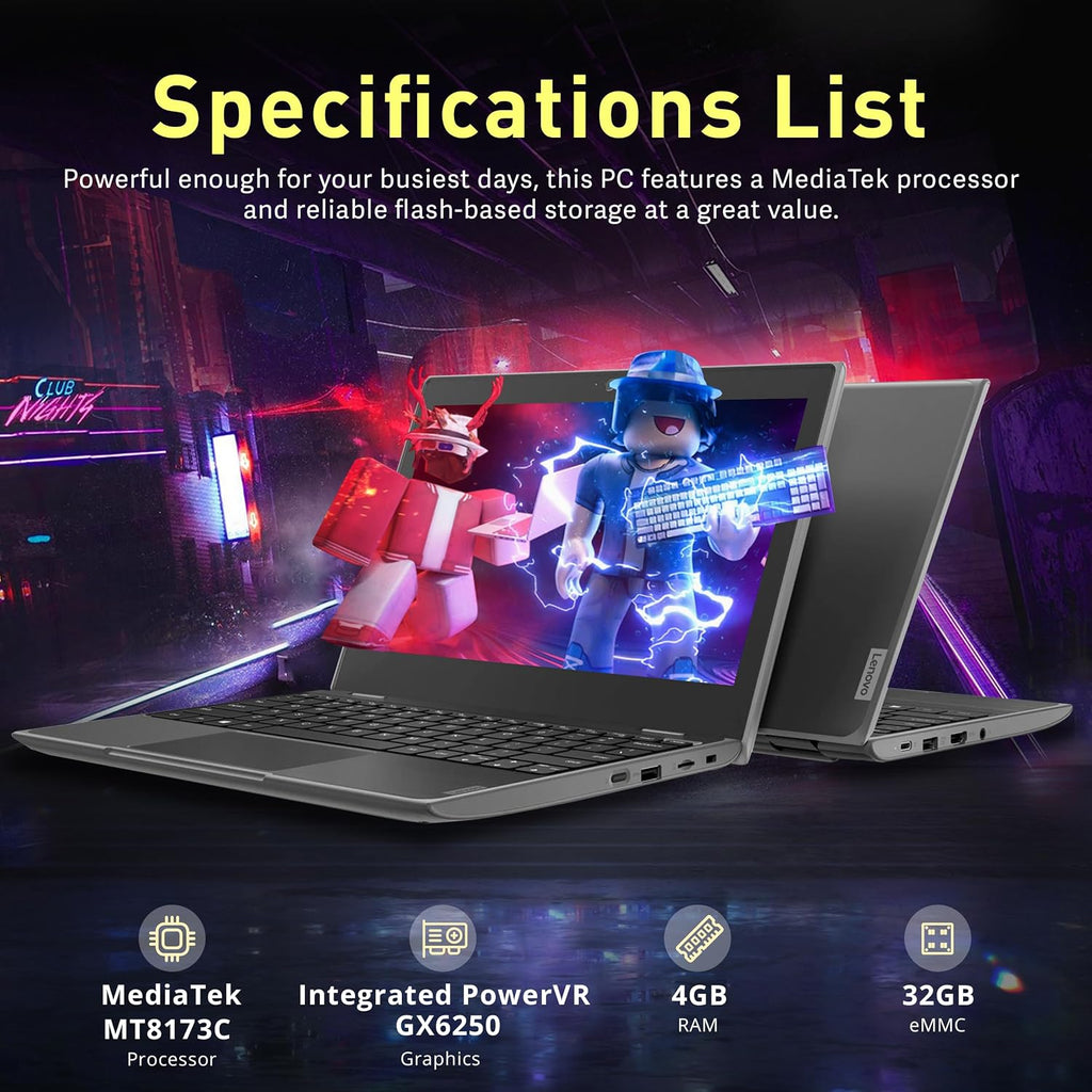 Lenovo Chromebook 100e (2nd Gen) 11.6' HD Laptop, MediaTek MT8173C, 4GB LPDDR3, 32GB eMMC, Integrated PowerVR GX6250, 720P HD Webcam, WiFi 5, Chrome OS, Black (Renewed)