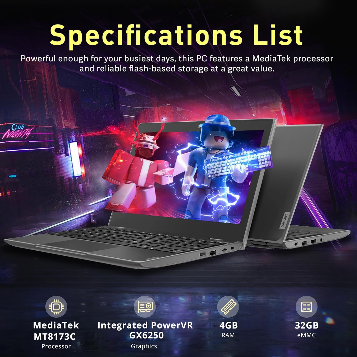 Lenovo Chromebook 100e (2nd Gen) 11.6' HD Laptop, MediaTek MT8173C, 4GB LPDDR3, 32GB eMMC, Integrated PowerVR GX6250, 720P HD Webcam, WiFi 5, Chrome OS, Black (Renewed)