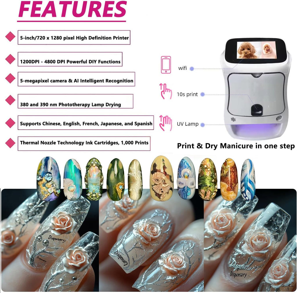 Smart 3D Nail Art Printer Machine with 5' Touchscreen & App Control, 4800DPI High-Resolution, Auto Nail Shape Recognition, 3000+ Designs, DIY Custom Printing Kit for Home & Salon Printer