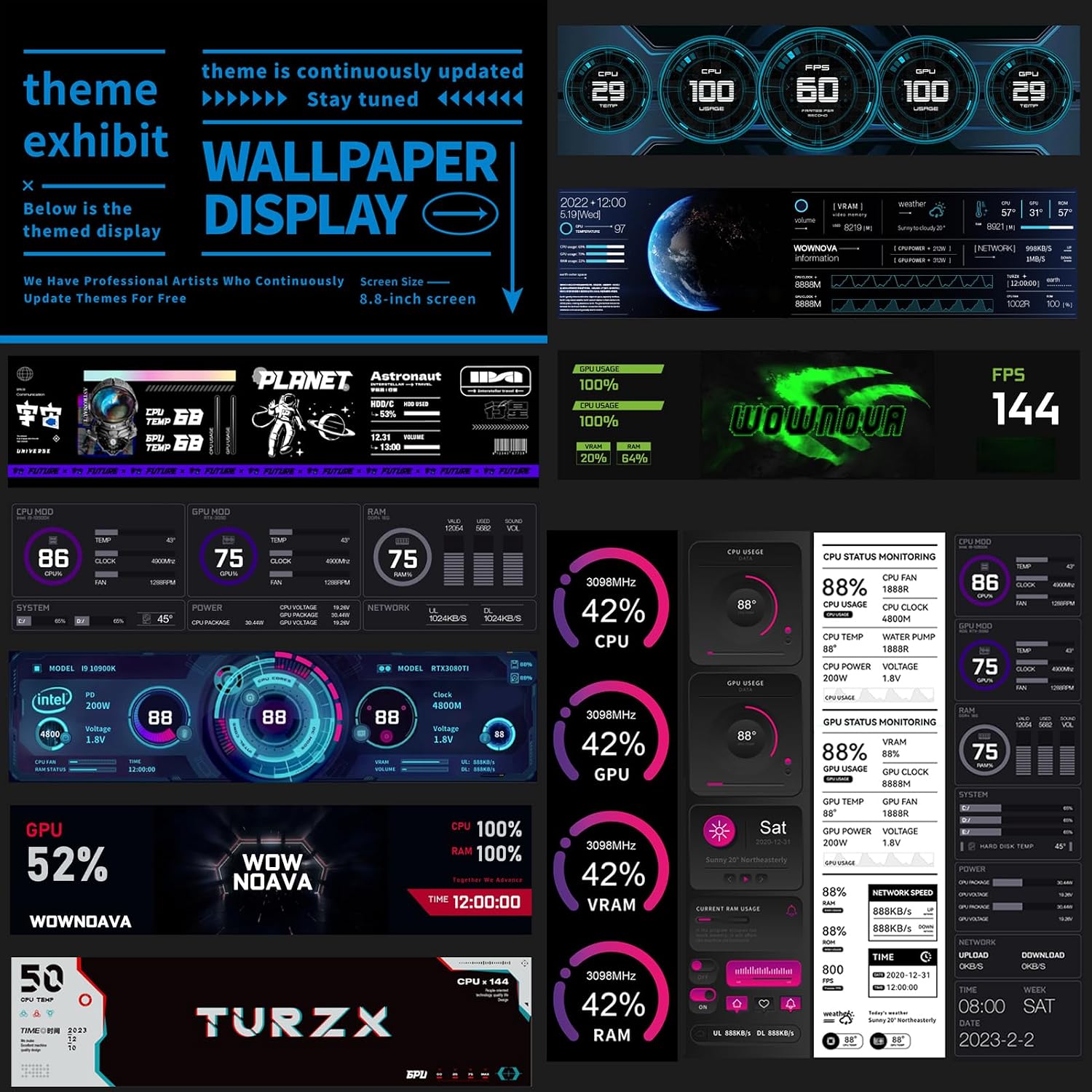 WOWNOVA 8.8' Computer Temp Monitor (Dynamic Theme Supported), 1 Click 1 Cable to Get Started Quickly PC Temperature Display Sensor Panel IPS Mini Secondary Screen CPU RAM HDD Data FPS Monitor (White)