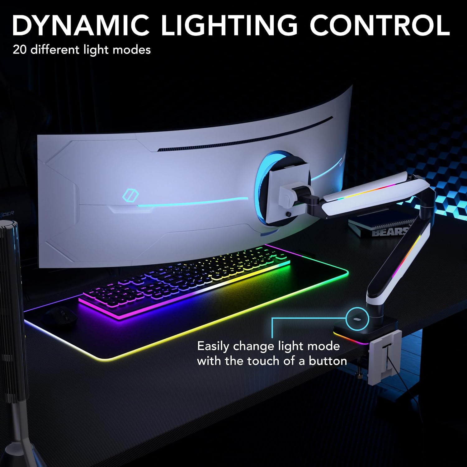 Mount-It! Heavy-Duty Ultrawide Monitor Arm up to 49', 44 lb Capacity, Desk Mount for Curved & Widescreen Monitors, Compatible with Samsung Odyssey G9, Gas Spring, RGB Lighting, VESA 75x75 & 100x100