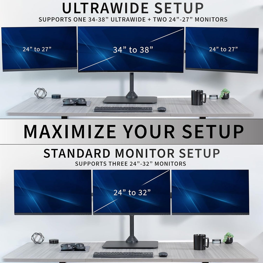 VIVO Premium Freestanding Triple Monitor Desk Mount for 3 Screens up to 22 lbs, Fits up to 38 inch Ultrawides on Center Bracket, Adjustable Telescoping Arms, Flush Wall Setup, Black, STAND-TS03F