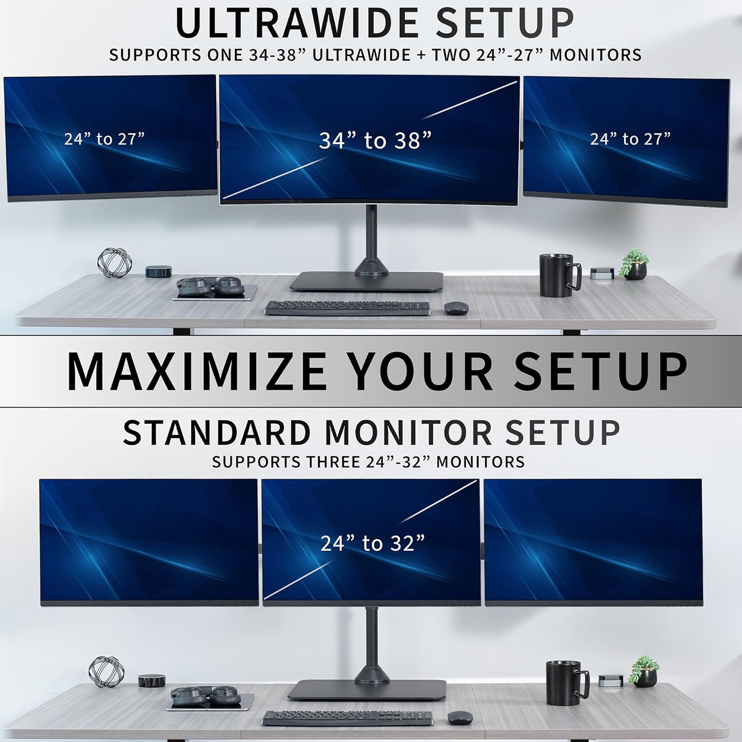 VIVO Premium Freestanding Triple Monitor Desk Mount for 3 Screens up to 22 lbs, Fits up to 38 inch Ultrawides on Center Bracket, Adjustable Telescoping Arms, Flush Wall Setup, Black, STAND-TS03F