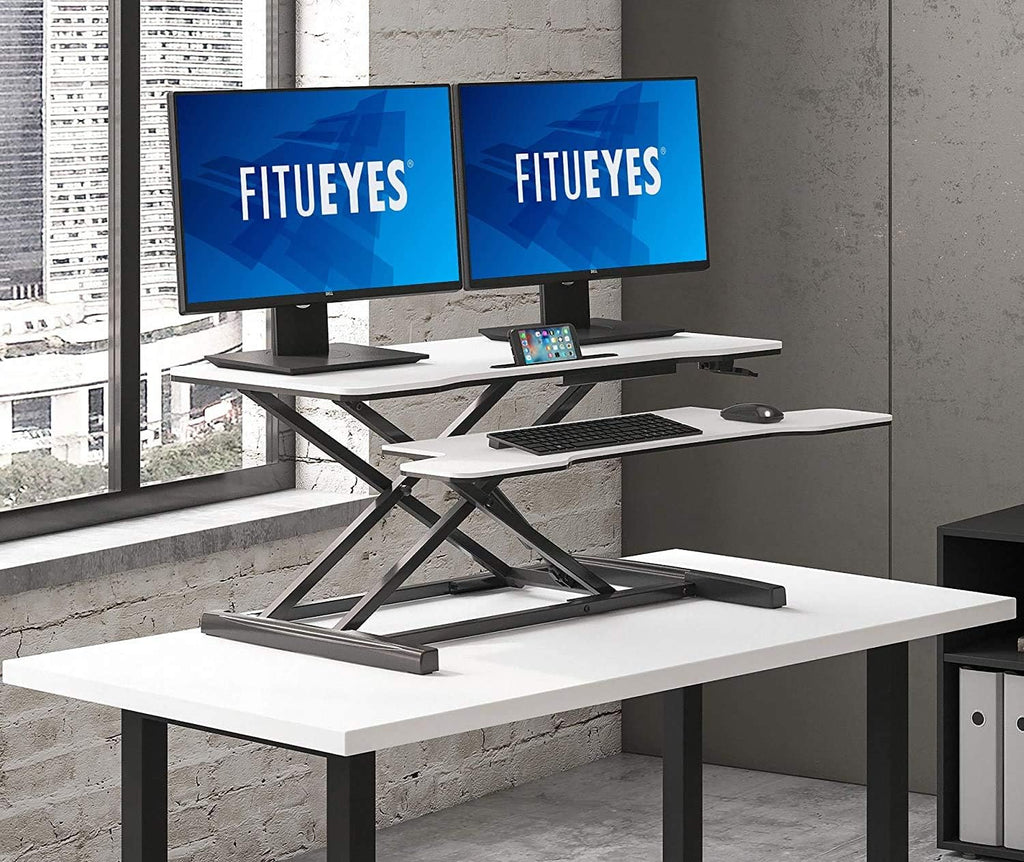 FITUEYES Height Adjustable Standing Desk 36' Wide Sit to Stand Converter Stand Up Desk Tabletop Workstation for Laptops Dual Monitor Riser White SD309103WW