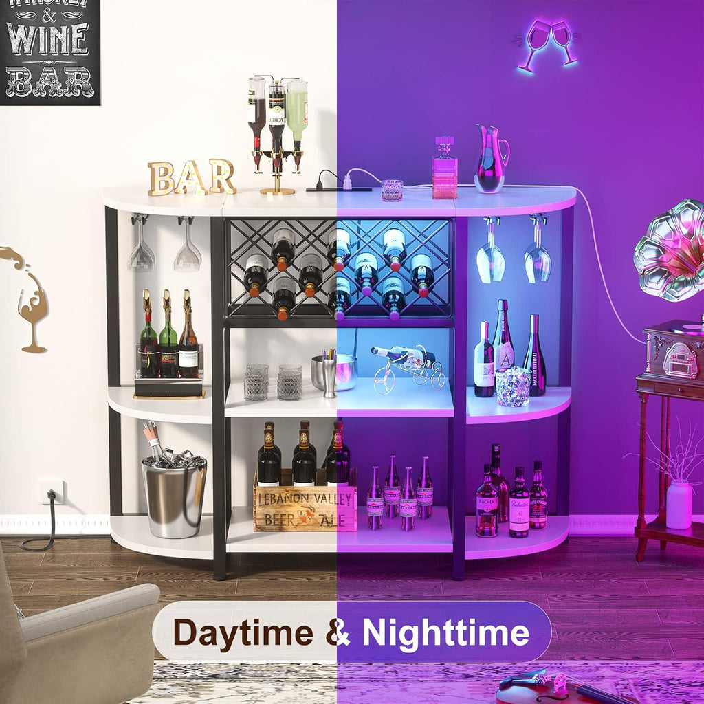 Unikito Bar Table Cabinet with Charging Station,Wine Rack Table with LED Light and Storage, Freestanding Floor Bar Cabinet for Liquor and Glasses for Home Kitchen Dining Room, White