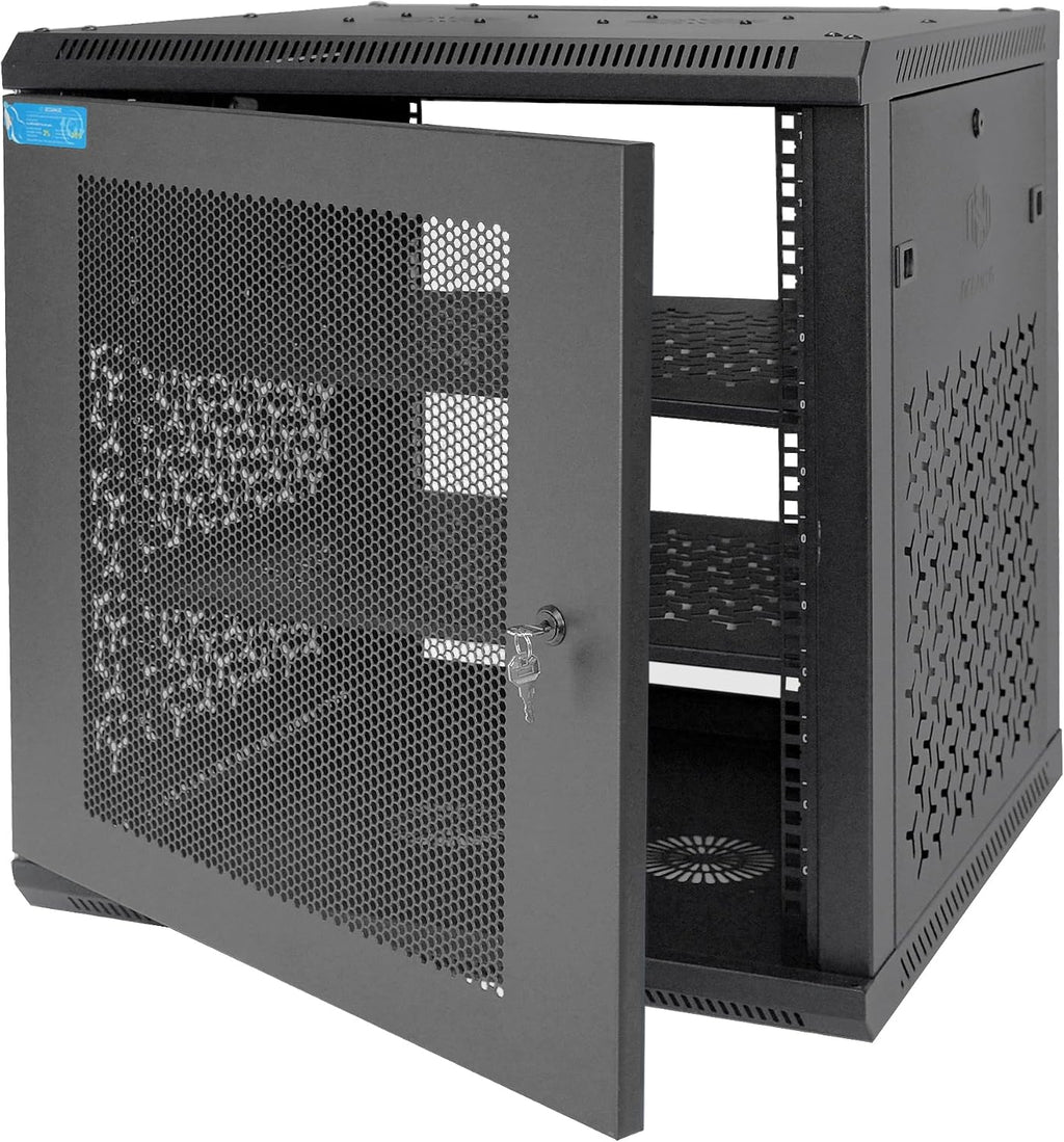 12U Wall Mount Server Cabinet with A Lockable Front Vented Door, Cooling Fans, Removable Side Panels - 60cm Depth, 19' Network Rack Including 2 PCS Full-Size Rack Shelves for IT Equipment