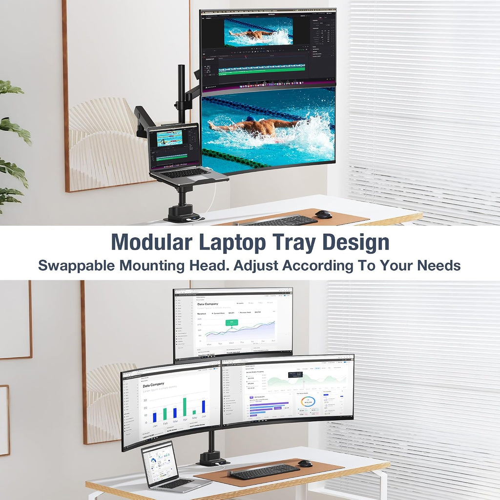 AVLT Laptop & Dual 40 Inch Stacking Monitor Arm Pole Top Mount with USB-C&A Ports-Black, Supports 26.4 lbs (12kg), Ultrawide Screen Fit, VESA Compatible, Multi-Screens, Ergonomic Workspace Upgrade