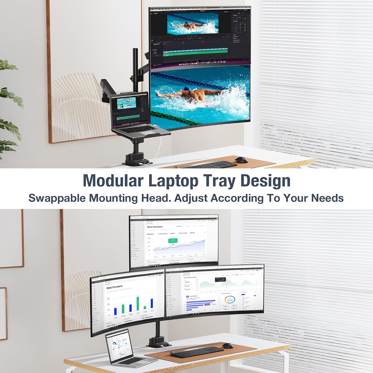 AVLT Laptop & Dual 40 Inch Stacking Monitor Arm Pole Top Mount with USB-C&A Ports-Black, Supports 26.4 lbs (12kg), Ultrawide Screen Fit, VESA Compatible, Multi-Screens, Ergonomic Workspace Upgrade