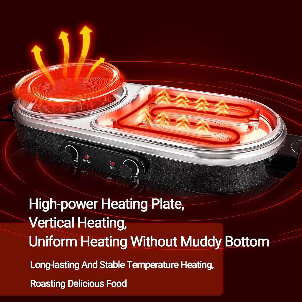 Electric Hot Pot Grill Removable 2 in 1 Shabu-shabu Pot Korean BBQ Grill Large Baking Tray Divider Hotpot, Smokeless Non-Stick Cooker Pan, Temperature Control, 2-10 People